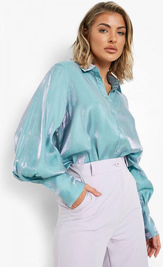 boohoo Oversized Glimmende Blouse Met Volle Mouwen, Aqua