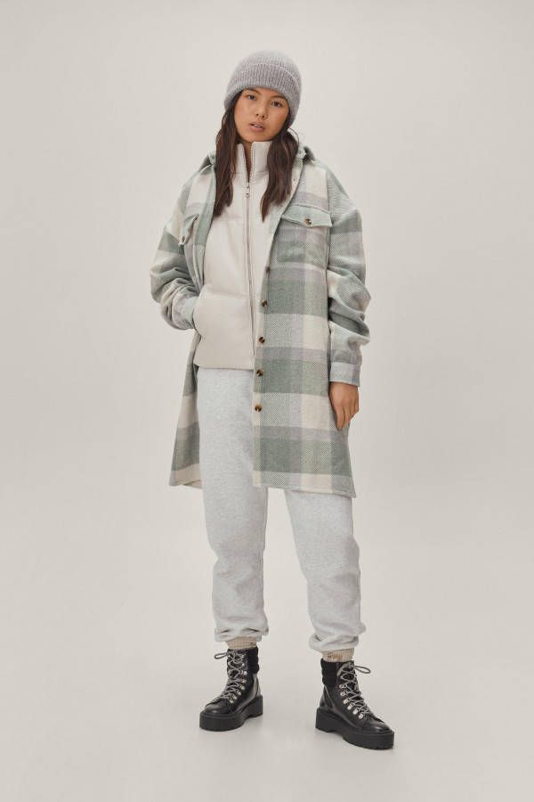 boohoo Oversized Long Line Geruite Long Line Blouse Jas, Mint