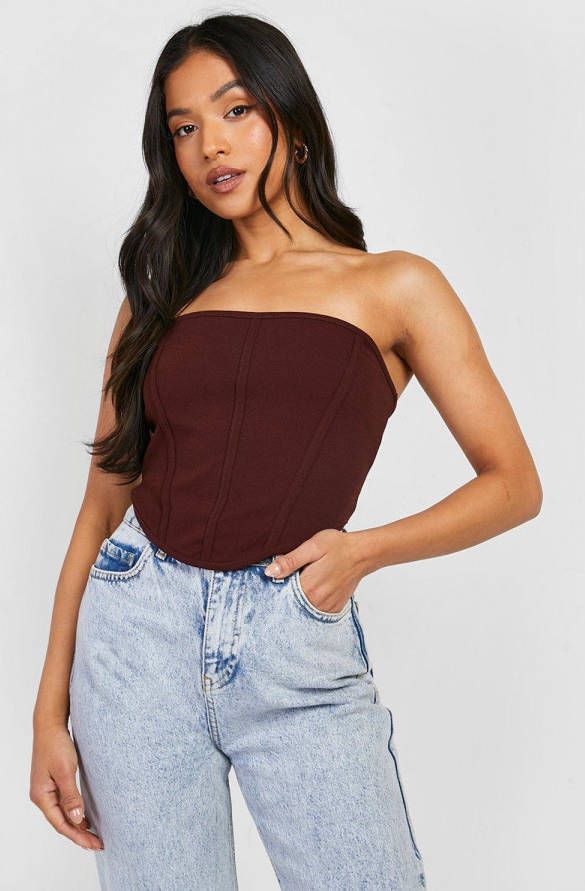 boohoo Petite Bandeau Corset Top Met Langere Achter Zoom, Chocolate