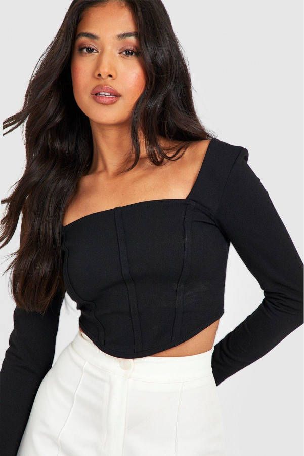 boohoo Petite Corset Top Met Lange Mouwen En Langere Achter Zoom, Black