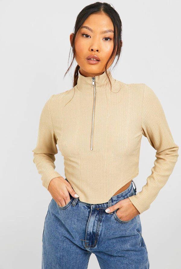 boohoo Petite Geribbelde Corset Top Met Korte Rits, Lange Mouwen En Textuur, Stone