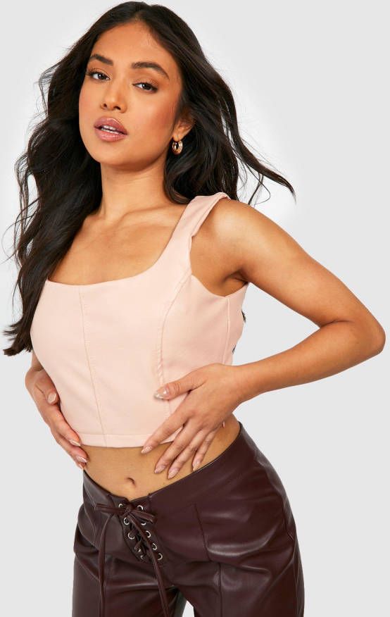 boohoo Petite Pu Corset Top Met Naaddetail, Pink
