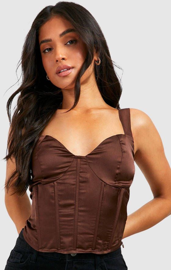 boohoo Petite Satijnen Corset Top Met Naaddetail, Chocolate