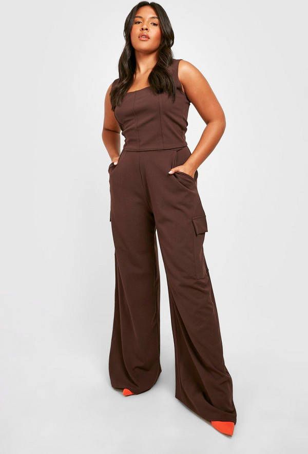 boohoo Plus Corset Top En Wide Leg Cargo Broek Set, Chocolate