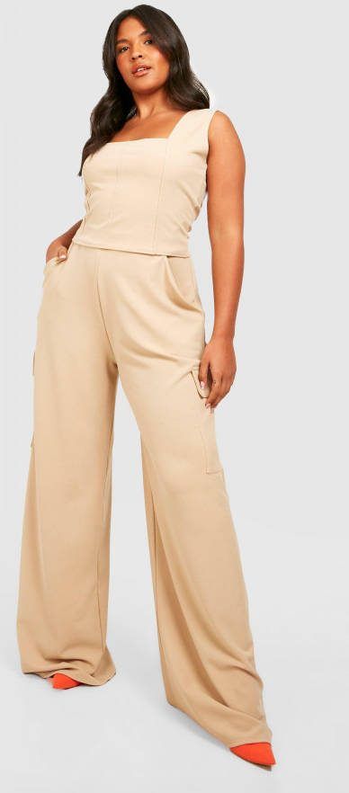 boohoo Plus Corset Top En Wide Leg Cargo Broek Set, Stone