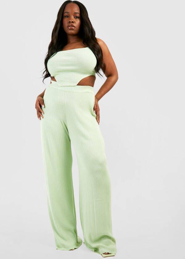 boohoo Plus Gebreide Corset Crop Top En Wide Leg Broek, Mint