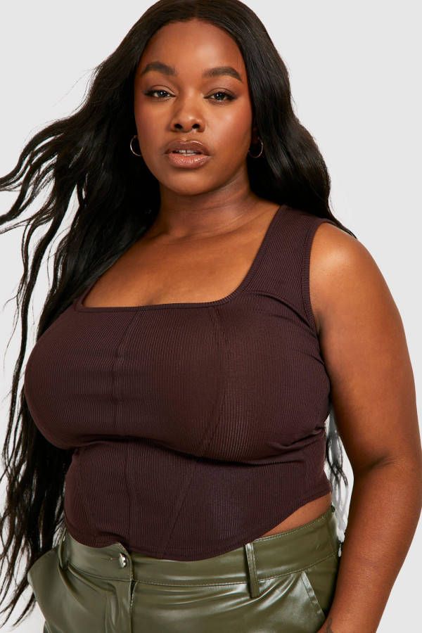 boohoo Plus Geribbelde Corset Top, Chocolate