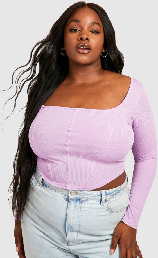 boohoo Plus Geribbelde Corset Top Met Lange Mouwen, Purple