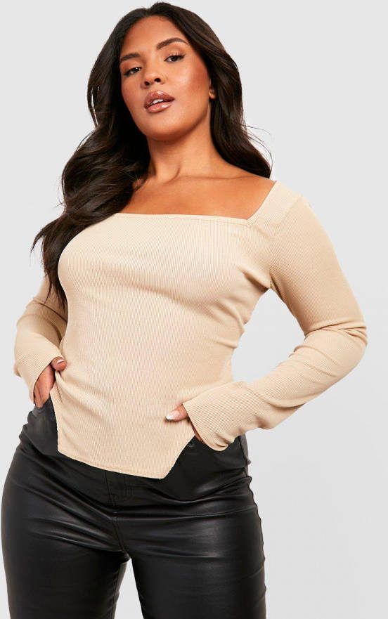 boohoo Plus Geribbelde Corset Top Met Lange Mouwen, Stone