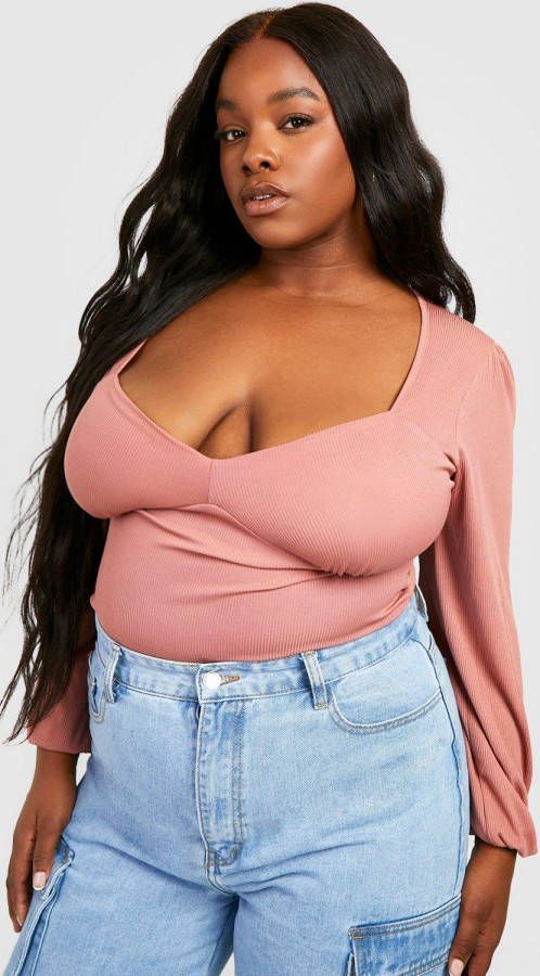 boohoo Plus Geribbelde Corset Top Met Pofmouwen, Dusty Rose