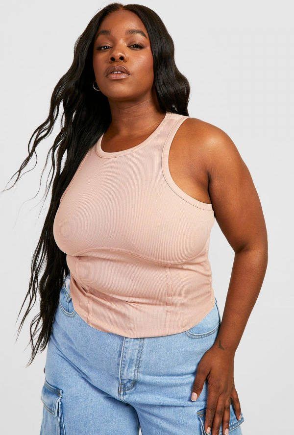 boohoo Plus Geribbelde Corset Top Met Racer Hals, Stone