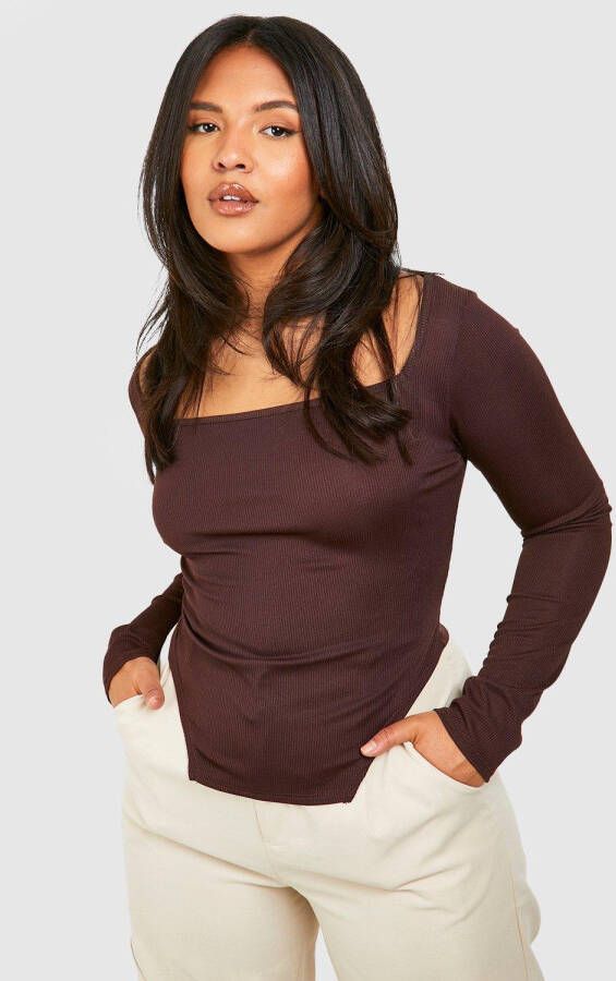 boohoo Plus Geribbelde Corset Top Met Vierkante Hals, Chocolate