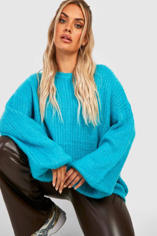 boohoo Plus Pluizige Gebreide Trui Met Ballonmouwen, Aqua