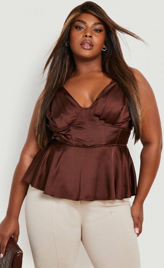 boohoo Plus Satijnen Corset Top Met Laag Decolleté,, Chocolate