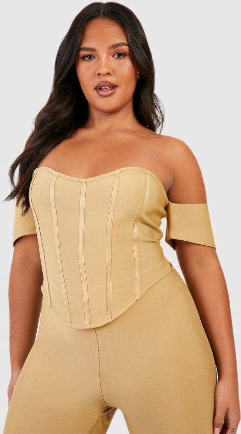 boohoo Plus Strakke Premium Set Met Corset Top, Stone