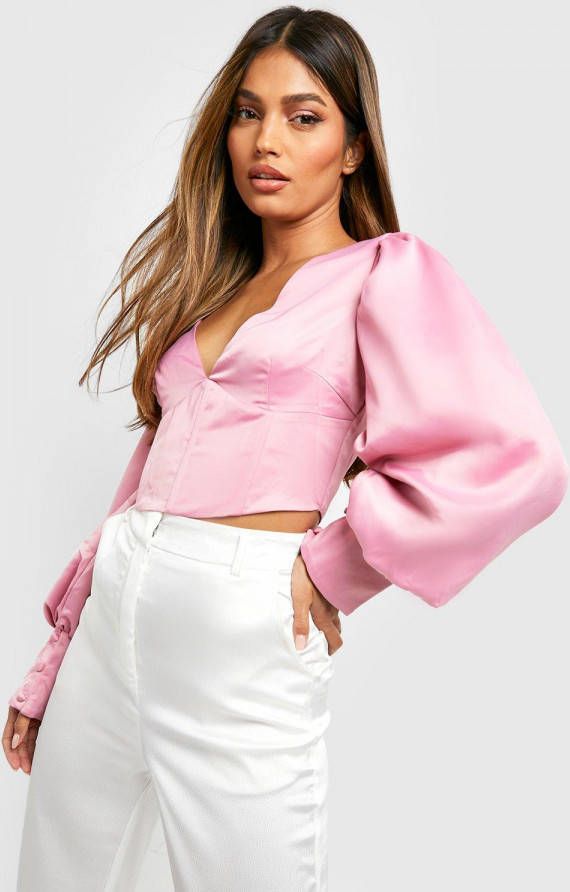boohoo Premium Satijnen Corset Top Met Ballonmouwen, Rose