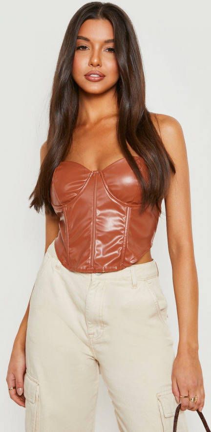 boohoo Pu Korset Top Met Lage Ronde Hals En Cup Detail, Chocolate
