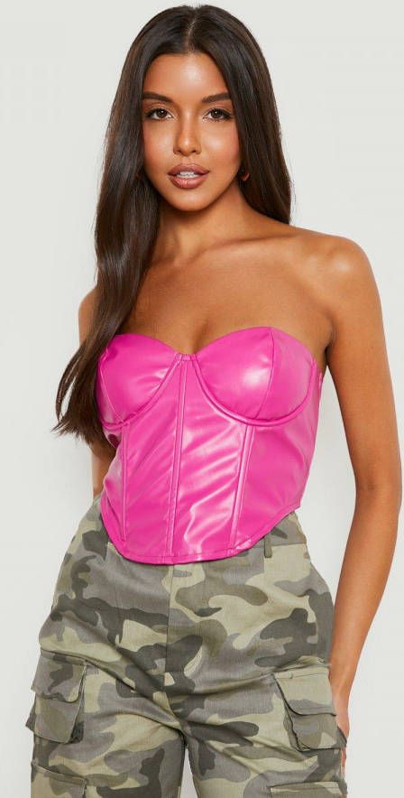 boohoo Pu Korset Top Met Lage Ronde Hals En Cup Detail, Fuchsia