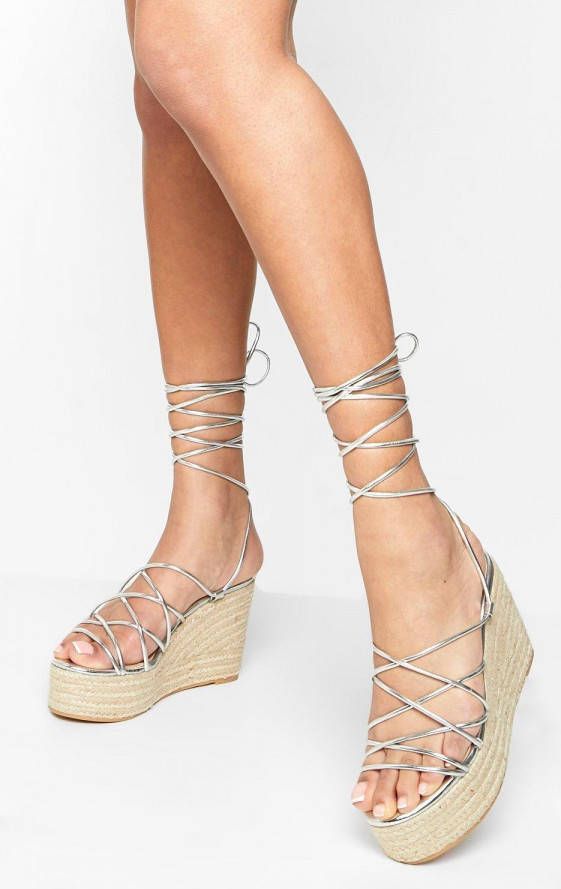 boohoo Raffia Wikkel Sleehakken, Silver