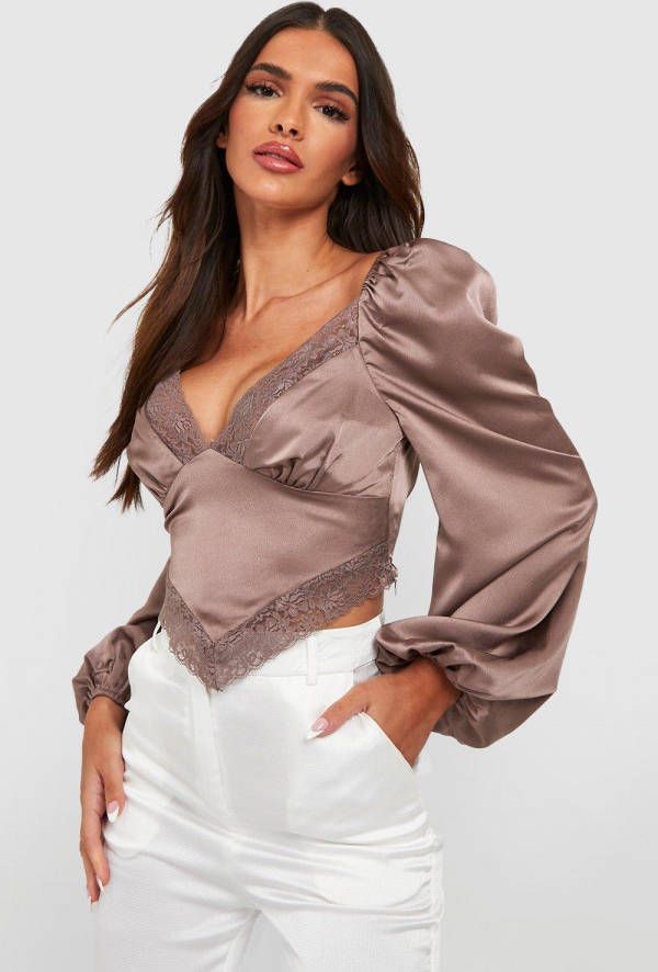 boohoo Satijnen Corset Top Met Kanten Zoom, Mocha