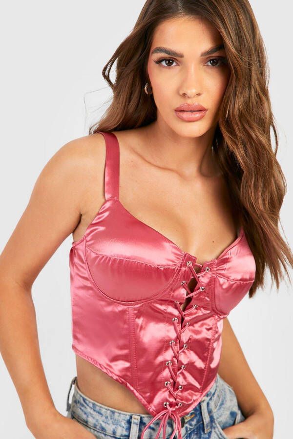 boohoo Satijnen Corset Top Met Veters En Brede Bandjes, Rose