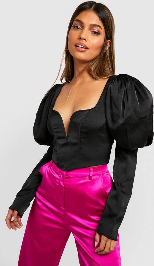 boohoo Satijnen Korset Top Met Pofmouwen, Black