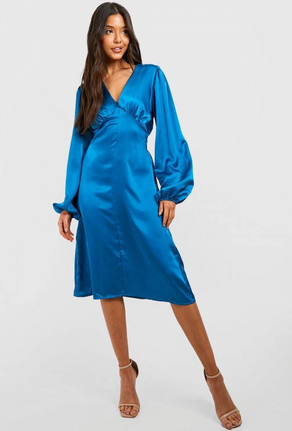 boohoo Satijnen Midi Jurk Met Shirtmouwen, Teal