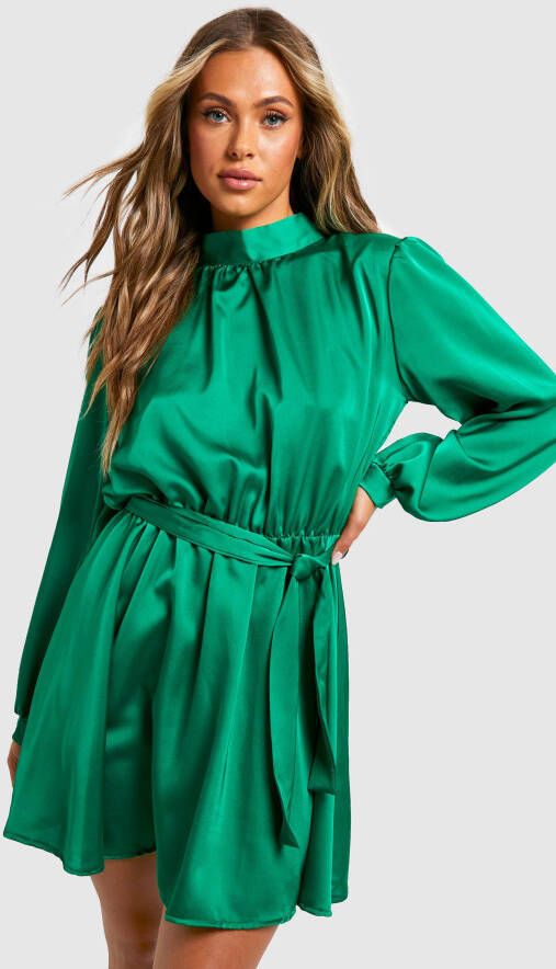 boohoo Satijnen Skater Jurk Met Hoge Hals, Teal