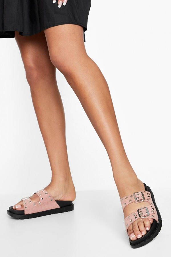 boohoo Slippers Met Dubbele Bandjes Met Gesp En Studs, Pink