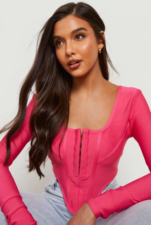 boohoo Strakke Corset Top Met Lange Mouwen En Haakjes, Hot Pink