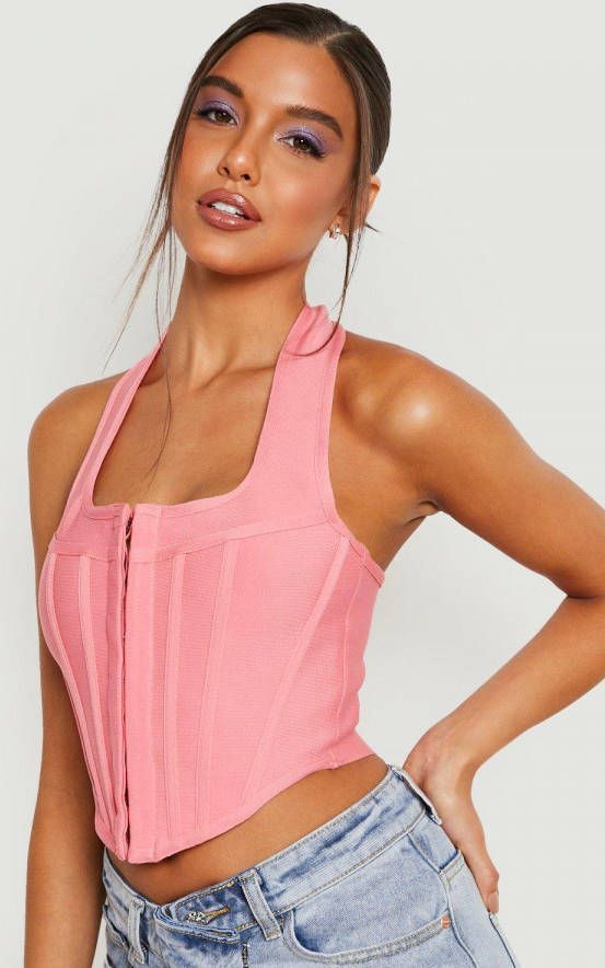 boohoo Strakke Halter Corset Top Met Haakjes, Pink