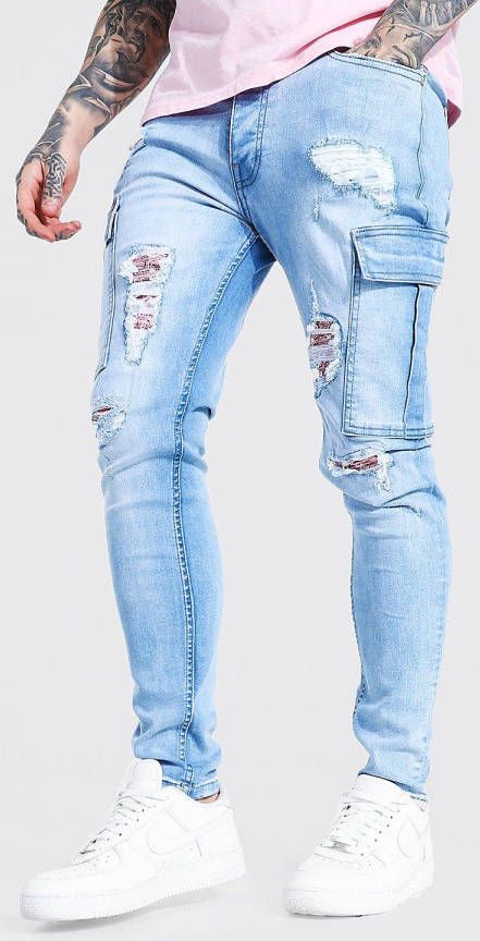 boohoo Bandana Print Stretch Rip & Repair Cargo Skinny Jeans, Ice Blue