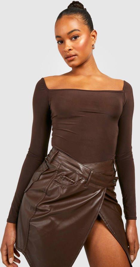 boohoo Tall Corset Top Met Vierkante Hals En Lange Mouwen, Chocolate
