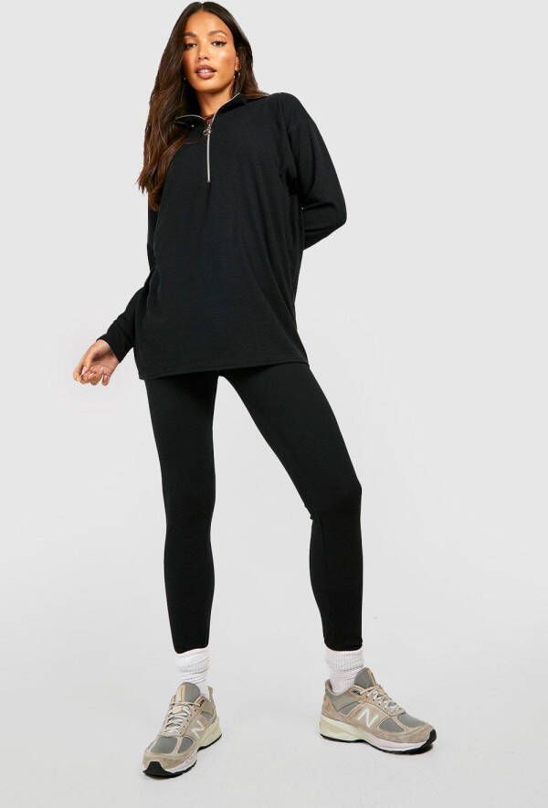 boohoo Tall Geribbeld Trainingspak Sweater Met Korte Rits En Leggings, Black