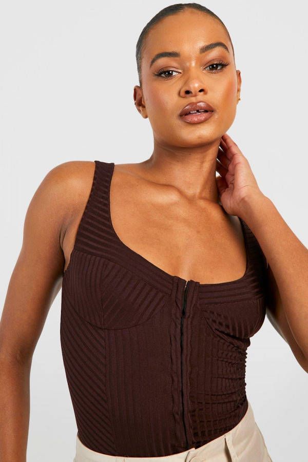 boohoo Tall Geribbelde Corset Top Met Bandjes En Haakjes, Chocolate