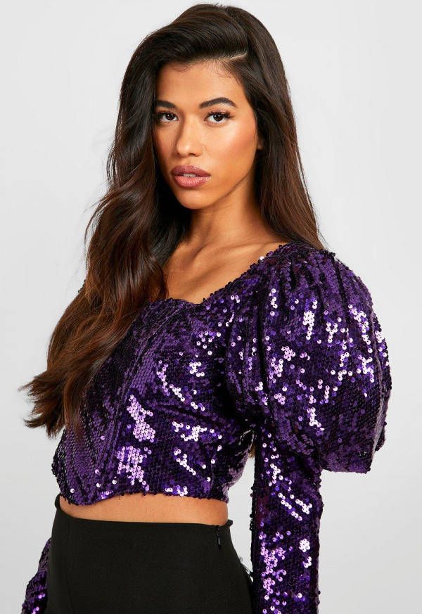 boohoo Tall Glitter Corset Top Met Pofmouwen En Pailletten, Purple