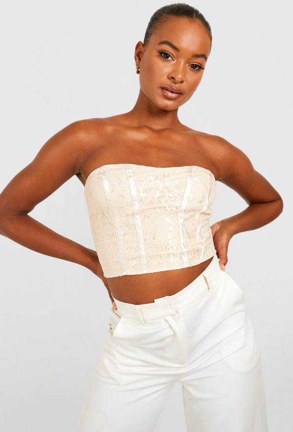 boohoo Tall Kanten Contrasterende Corset Top, Beige