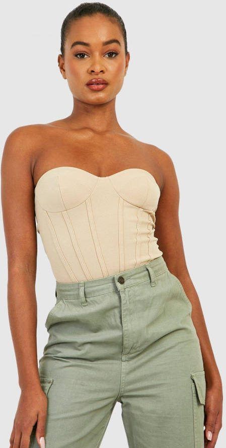 boohoo Tall Long Line Bandeau Corset Top Met Naaddetail, Stone