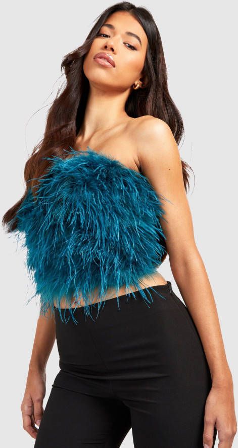 boohoo Tall Pluizige Bandeau Corset Top Met Veren, Teal