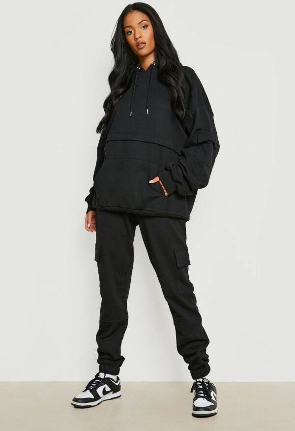 boohoo Tall Trainingspak Met Capuchon En Cargo Zakken, Black