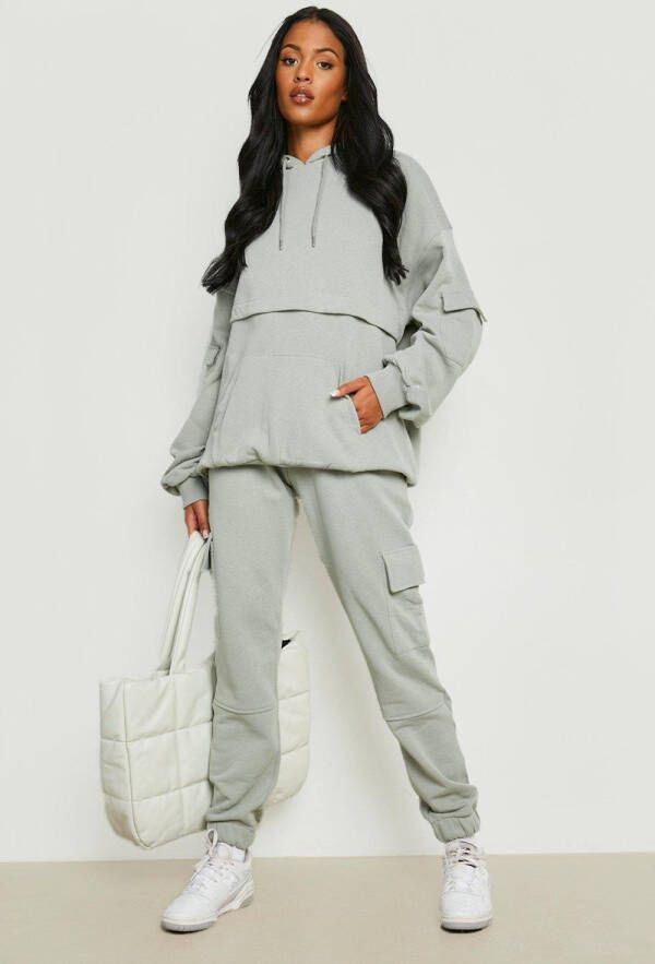 boohoo Tall Trainingspak Met Capuchon En Cargo Zakken, Khaki