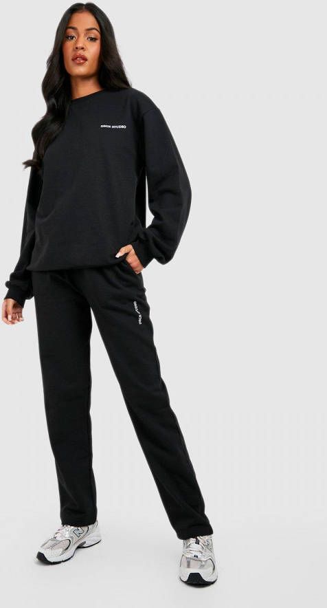 boohoo Tall Trainingspak Met Trui Met Print En Wide Leg Joggingbroek, Black