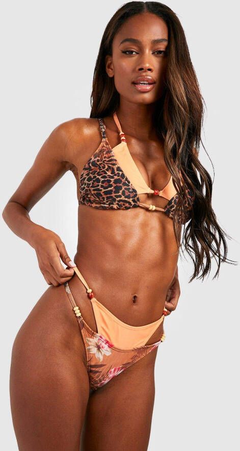boohoo Tropische Luipaardprint Bikini Set Met Kraaltjes, Golden Orange