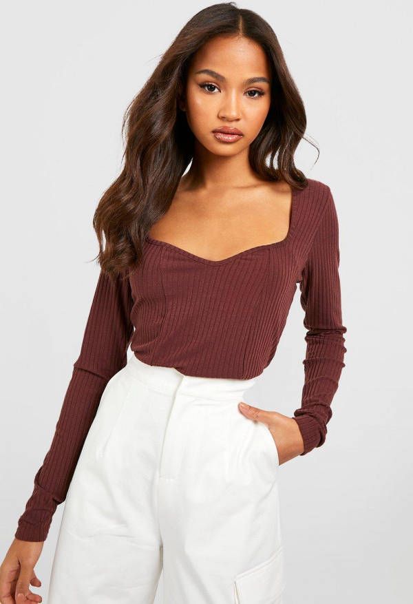 boohoo Zachte Geribbelde Gebreide Corset Top Met Harvormige Hals, Chocolate