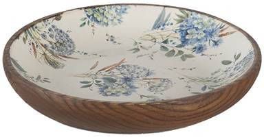 Clayre & Eef Serveerschaal Ø 16x4 Cm Wit Blauw Hout Rond Bloemen Presenteerschaal Dienblad Decoratie Schaal Bruin