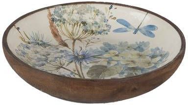 Clayre & Eef Serveerschaal Ø 20x4 Cm Wit Blauw Hout Rond Bloemen Presenteerschaal Dienblad Decoratie Schaal Bruin