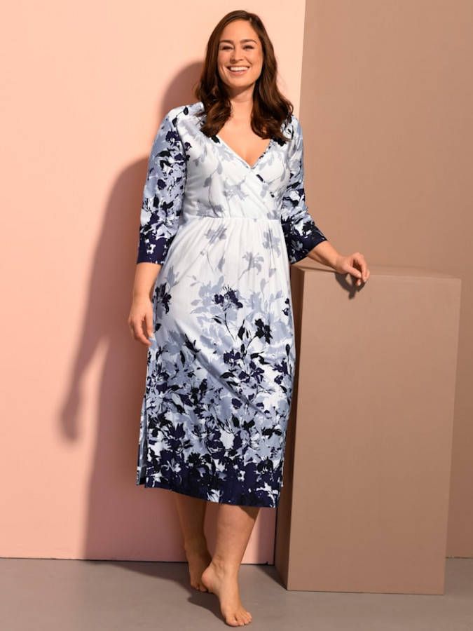 harmony Kaftan met bladerenmotief Ecru/Marine/Zilvergrijs