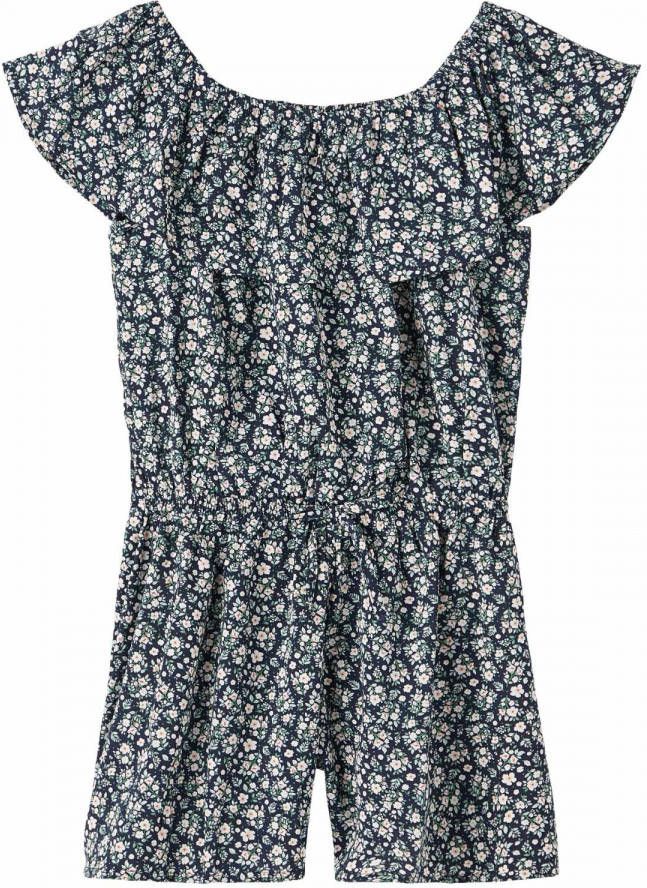 NAME IT KIDS gebloemde off shoulder jumpsuit NKFVINAYA van gerecycled polyester blauw