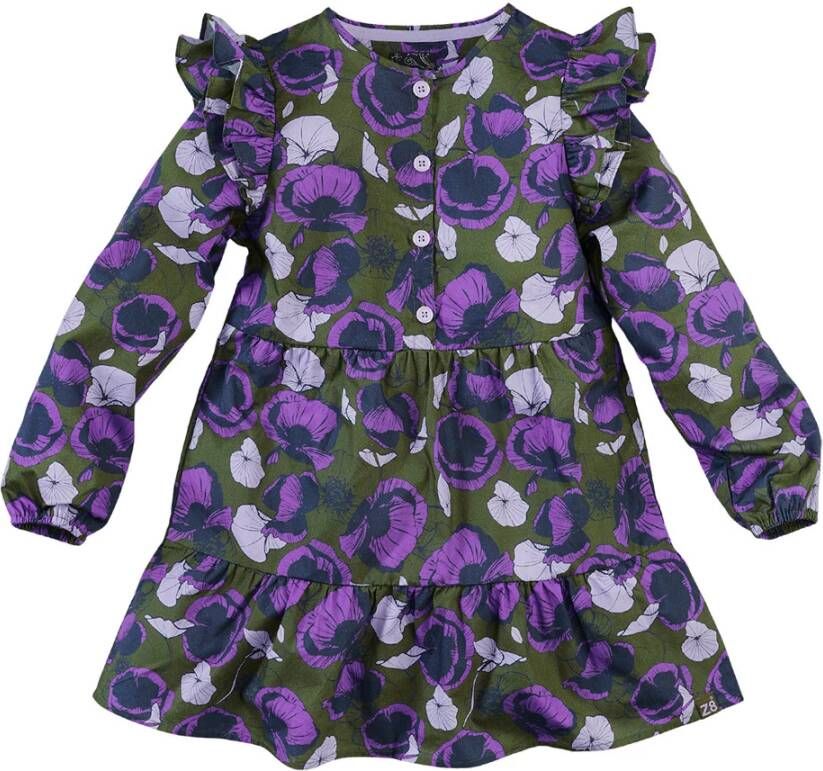 Z8 jurk Zora met all over print en ruches army groen/paars/donkerblauw