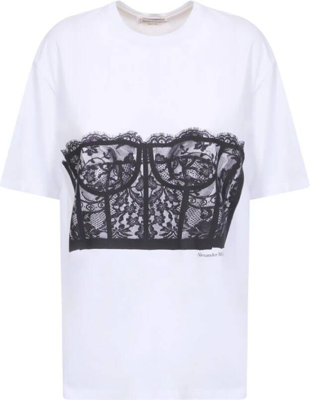 Corset print white t shirt . The garment features a lace corset print embellished with the house iconic logo Alexander McQueen, Zwart, Dames